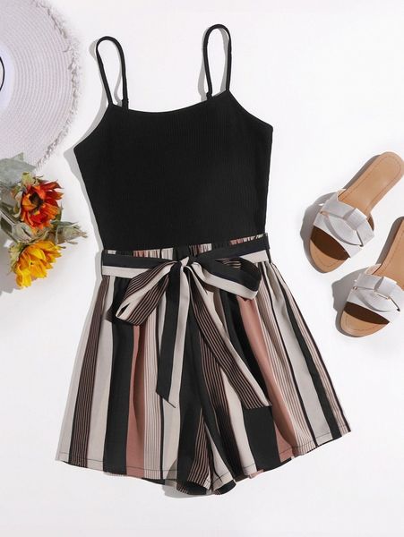 

plus striped paneled self belted cami romper j1lf#, Black