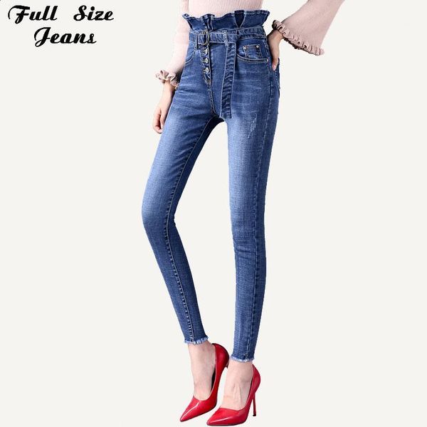 

women's jeans plus size 3xl 4xl lady bud sashes skinny pencil casual denim pants high waist stretch slim long trousers1, Blue