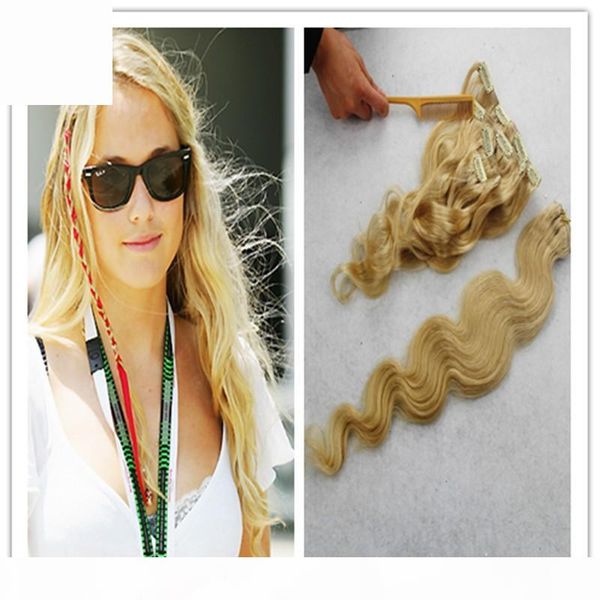 

#613 bleach blonde brazilian body wave hair clip in hair extensions 7pcs clip in human hair extensions products, Black;brown