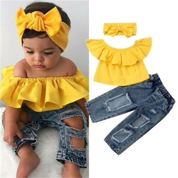 

citgeett summer kids baby girl off shoulder yellow +ripped jeans denim pant 3pcs clothes fashion set clothing y200525, White