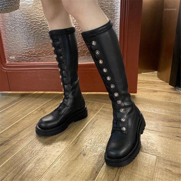 

boots pxelena plus size 34-43 button women leather combat motorcycle riding knight knee high snow punk rock gothic shoes chunky1, Black
