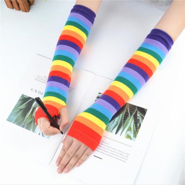 

2 pcs/set rainbow color long warm gloves japanese style new half finger arm sleeve striped knitted sunscreen autumn arm sleeve, Blue;gray
