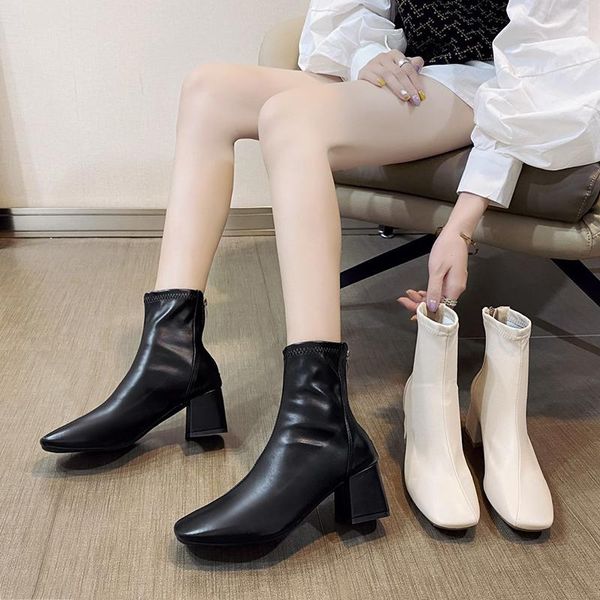 

white mid-calf boots leather women's shoes round toe winter footwear boots-women luxury designer low 2020 mid calf rock, Black
