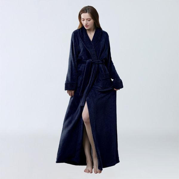 

2021 new plus size women's autumn witner long flannel nightgown solid v neck bathrobe thick with sashes female sleepwear z7ih, Black;red