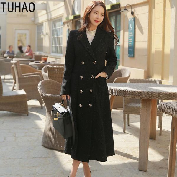 

tuhao office lady elegant long coats winter wool blends coat fashion double-breasted casual long trench coat women's wool wm211, Black