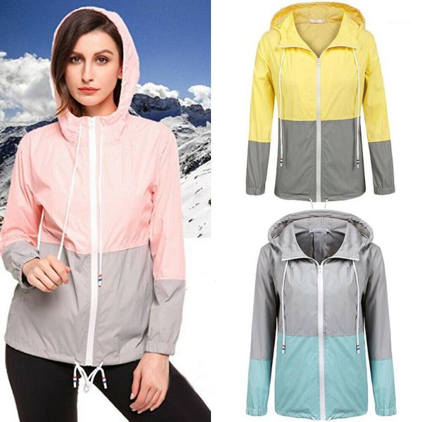 

women's waterproof long sleeve raincoat outdoor hooded rain jacket windbreaker patchwork easy to dry casual workout clothes1, Black;brown