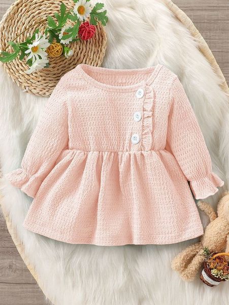 

baby frill trim button detail flounce sleeve textured dress she, Red;yellow