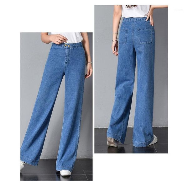 

spring high waist long jeans fashion vintage solid color casual jeans pockets ladies new wide leg loose1, Blue