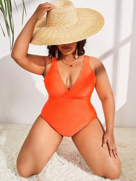 

plus solid v neck one piece swimsuit e1c4#, Black