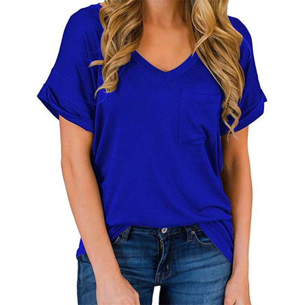 

fashion female solid color designer t-shirt fashion summer curly short-sleeved loose v-neck pocket ladies t-shirt 2020, White