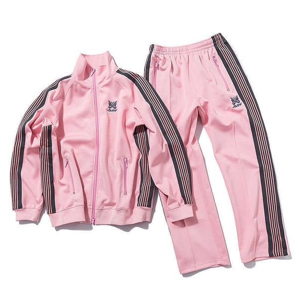 

men's tracksuits autumn winter new day trend needles co bred butterfly embroidery ribbon pink men's and women's sportswear, Gray