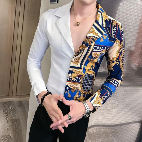 

luxury mens patchwork printed shirt 2020 autumn fashion men club shirt camisa masculina men's long-sleeved slim stitching1, White;black