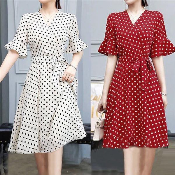 

dot dress women red and white dresses fashion summer lady elegant wave point v-neck short sleeve elastic dress sukienki #3s, Black;gray