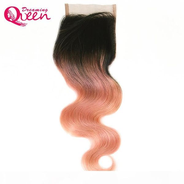 

rose gold color body wave 4x4 lace closure brazilian ombre 100% virgin human hair closure with baby hair bleached knots ombre lace closure, Black