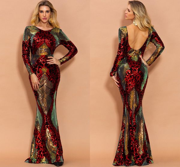 Abiti da sera scintillanti da sera a sirena Maniche lunghe con paillettes Applique Sweep Train Fishtail Prom Dress Wear Abiti da sera sexy