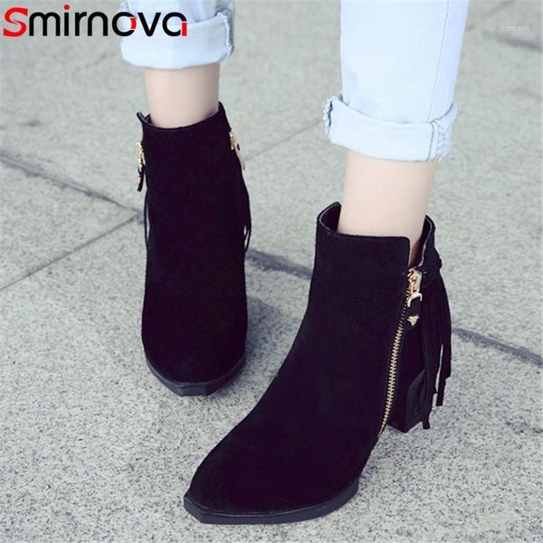 

smirnova fringe 2020 cow suede women ankle boots round toe high heel boots solid fringe square heels fashion1, Black