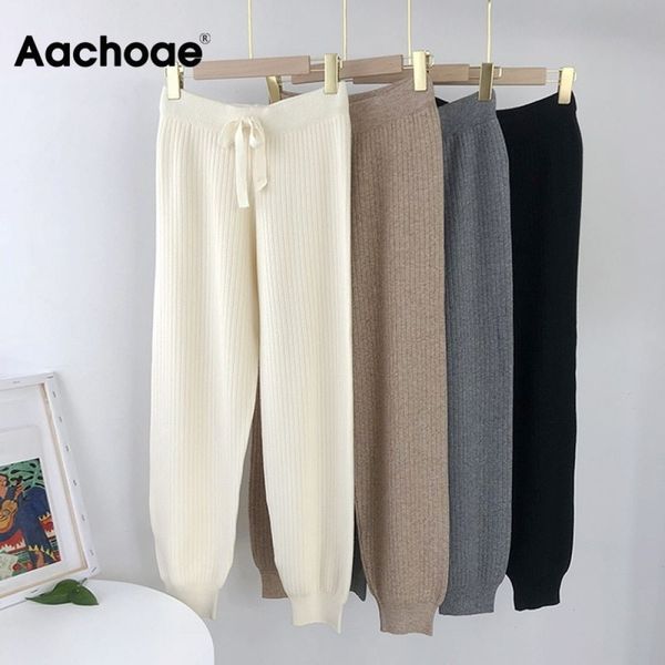 

aachoae casual knitted pants women drawstring elastic waist long trousers female solid color ladies pencil pants pantalones 201228, Black;white