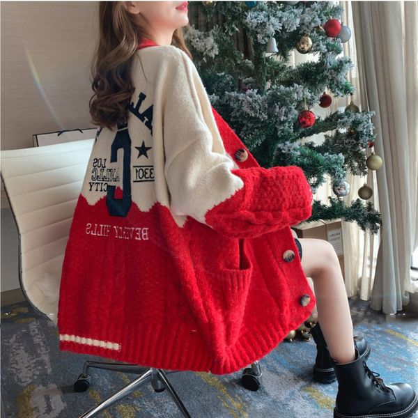 

autumn and winter new letter color matching knitted bottoming shirt languid wind v-neck long sleeve cardigan women's net infrared with