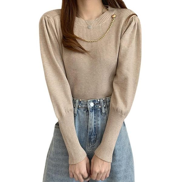 

western style half high neck chain decoration puff sleeve long sleeve sweater bottoming 2020 n, White;black