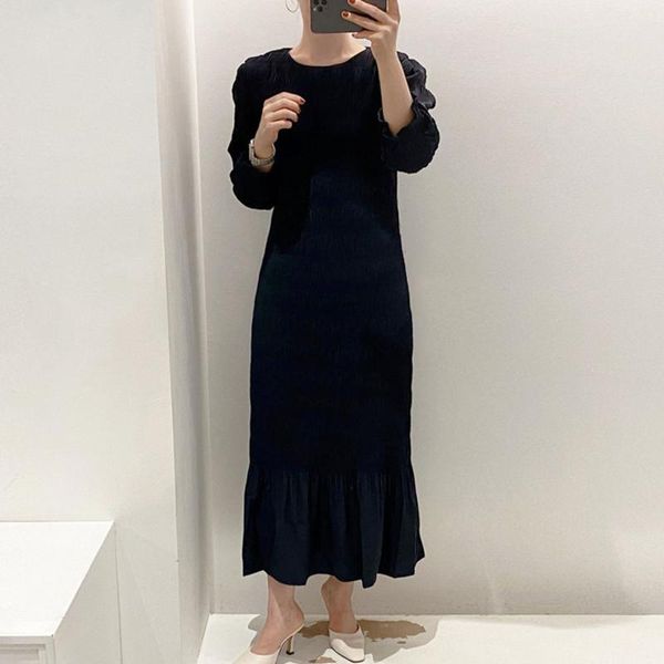 

casual dresses 2021 korean chic autumn round neck pleated slim long-sleeved hem fashionable ruffle mid-calf dress, Black;gray