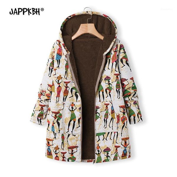

winter jackets women 2019 plus size casual warm velvet zipper hoddie coat female vintage ink print cotton thick long parkas 5xl1, Black