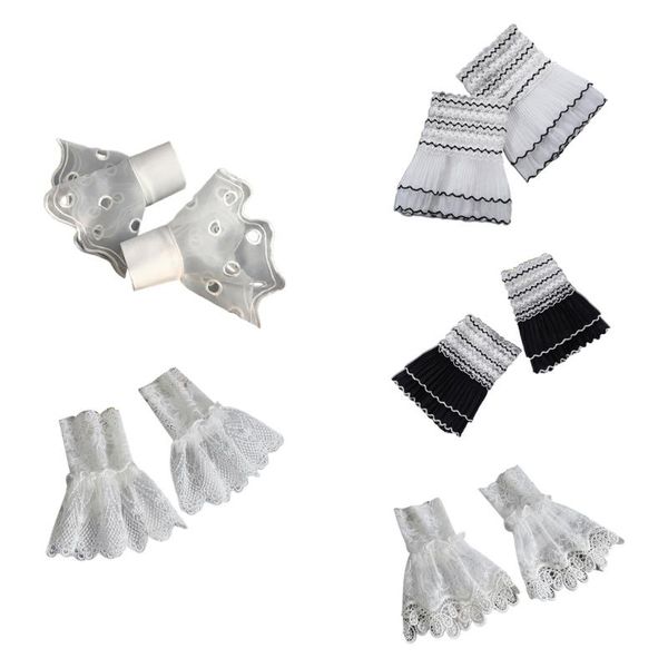 

five fingers gloves women ruffled floral lace layered horn cuffs stretch bracelet vintage sunscreen detachable false sleeves wrist warmers, Blue;gray