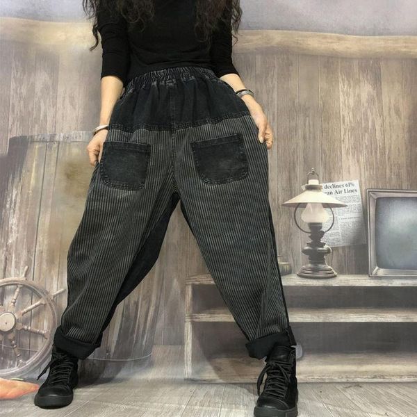 

vintage print cotton denim harem pants female jeans autumn new arts style women elastic waist loose casual jeans splice, Blue