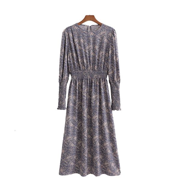 

new vintage women elegant grey floral print 2021 fashion ladies o-neck vestidos streetwear female chic elastic waist es 2vh6, Black;gray