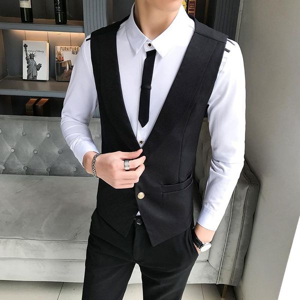 

2020 new style men's wear scholar solid color single-breasted fold-down collar waistcoat coat waiter bar nightclub waistcoat wor, Black;white
