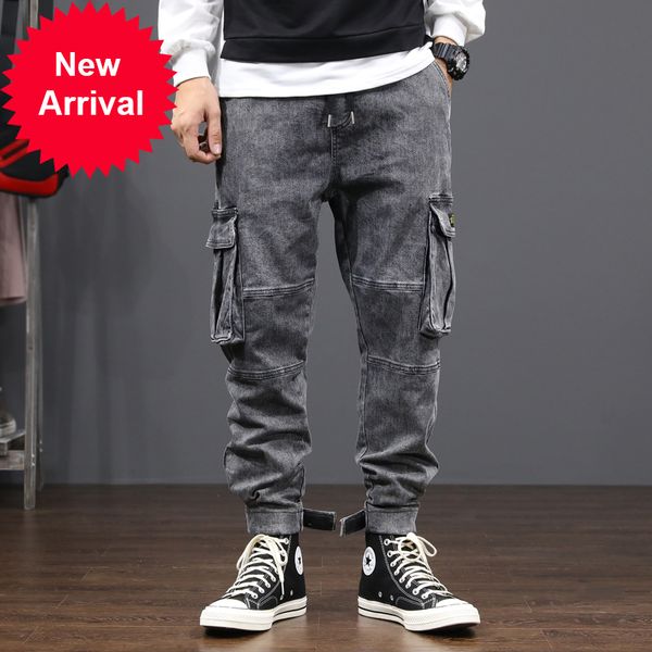 

2021 new fashion streetwear men's brem large gray pocket fit denim cargo pants vintage hip designer jeans k8m0, Blue