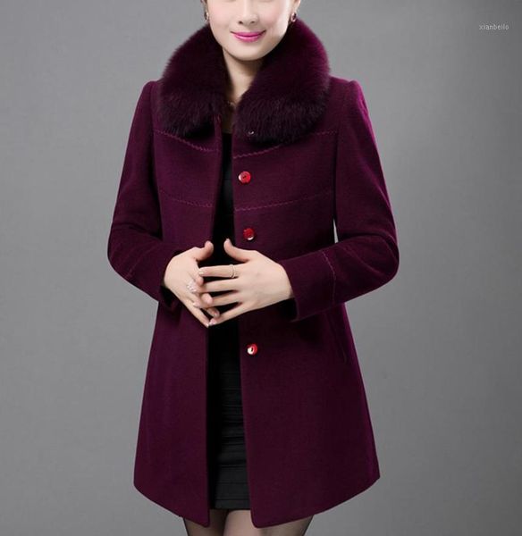 

plus size 5xl 2020 winter middle-aged women fashion fur collar woolen coat slim wool blends coat1, Black