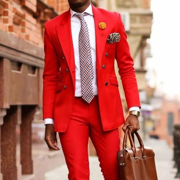Vermelho casual trajes de baile para mens com duplo breasted 2 peça namorado africano casamento smoking set jaqueta calças homem design y201026