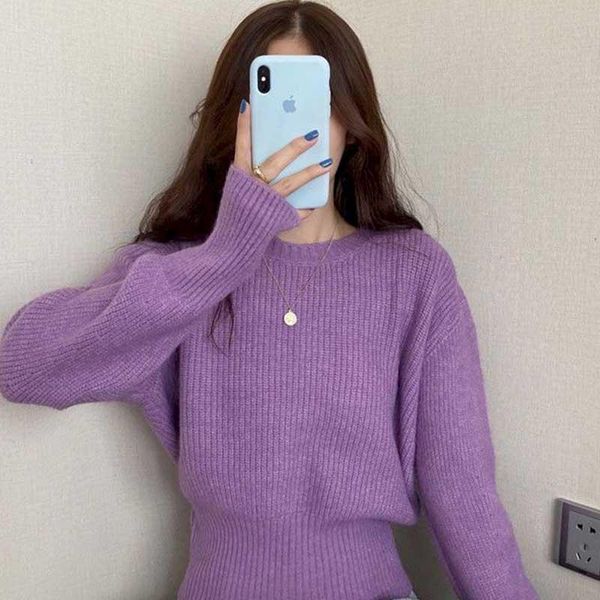 

autumn round neck sweater korean version round neck puff sleeve short knit sweater design loose outer wear women 2020 ne, White;black