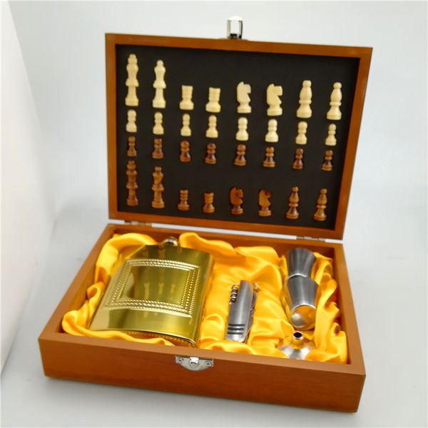 

new stainless steel 8oz or 7oz hip flask set with chess wooden gift box ,q1222