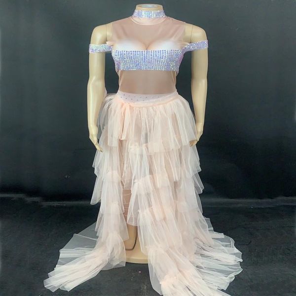 

stage wear rhinestones sling dress white mesh long tail outfit female wedding prom performance short singer concert dresses, Black;red