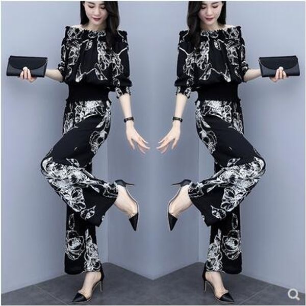 

suit suit wide leg pants women's 2020 summer new fashion leisure chiffon fall feeling one shoulder wide leg pants show thin foreign sty, Gray