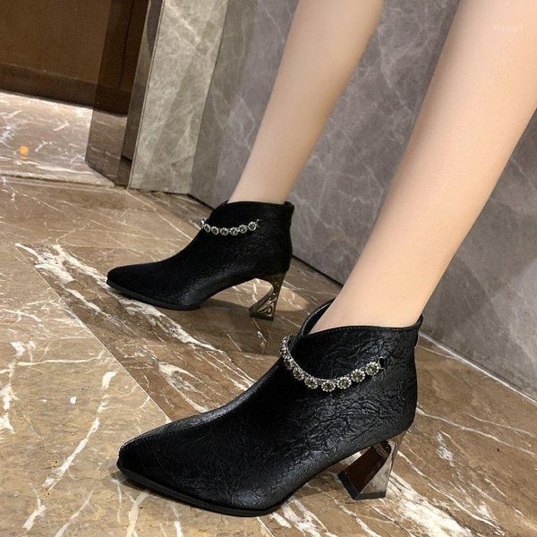 

boots women pumps rhinestone pointed toe ankle square heel solid color knight winter shoes zapatillas mujer 1, Black