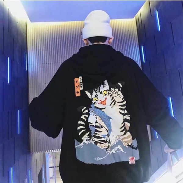 

hip hop personality wave brand wavy cat print hoodie men street version of the trend of casual loose of tide brand men, Black
