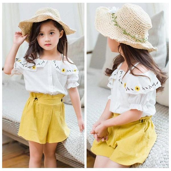 

clothing sets baby girls clothes outfits off-shoulder sleeveless shirt+shorts summer set 2pcs cute kids clothes1, White
