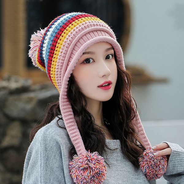 

winter beanies pom pom hat for women colorful thick fleece knitted ribbed skullies outdoor korean fashion accessories, Blue;gray