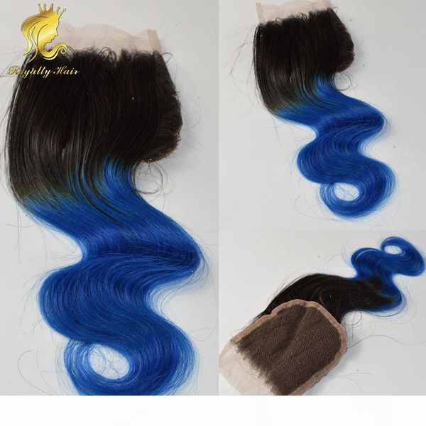 

two tone body wave lace closure peruvian hair 1b blue ombre closure bleached knots 4x4 parting, Black;brown