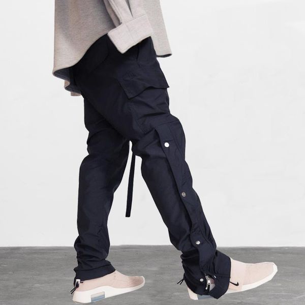 

2019 harajuku drawstring pockets hip hop high street men loose pants casual pants fitted bottoms solid color button cargo1, Black