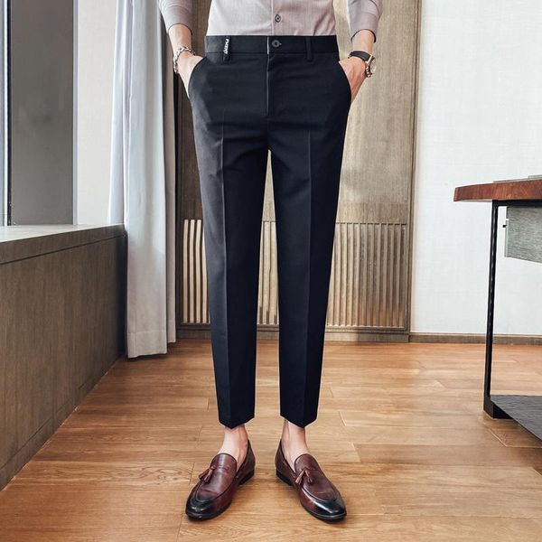 

embroidery business dress pants men ankle length formal office social pants casual slim wedding trousers pantalon homme 2021, White;black