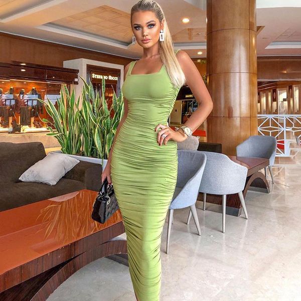 

ruched solid bodycon party dresses women fashion sleeveless skinny clubwear basic midi dress 2021 slim female, Black;gray