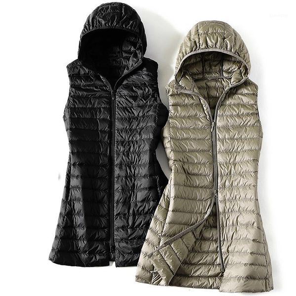 

new autumn winter women sleeveless long down jacket hooded ultra light white duck down vest coat female slim waistcoat outwear sf21211, Black