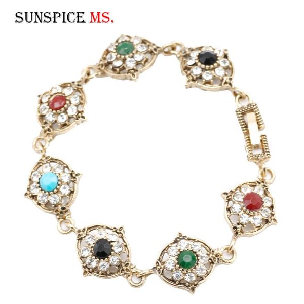 

sunspicems indain retro gold color wedding bracelet for women rhinestone resin wrist chain turkish ladies festival jewelry gift, Black