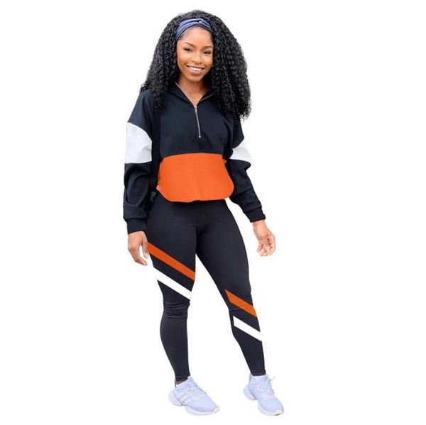 

women autumn workout two piece set patchwork stripe long sleeve zipper jacket sweatpants suit outfit sportwear tracksuit, Gray