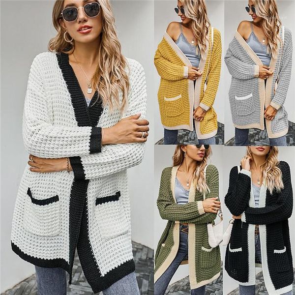 

coats womens loose long sleeve winter knits fashion patchwork women sweaters with pockets thick cardigant sweater, White;black