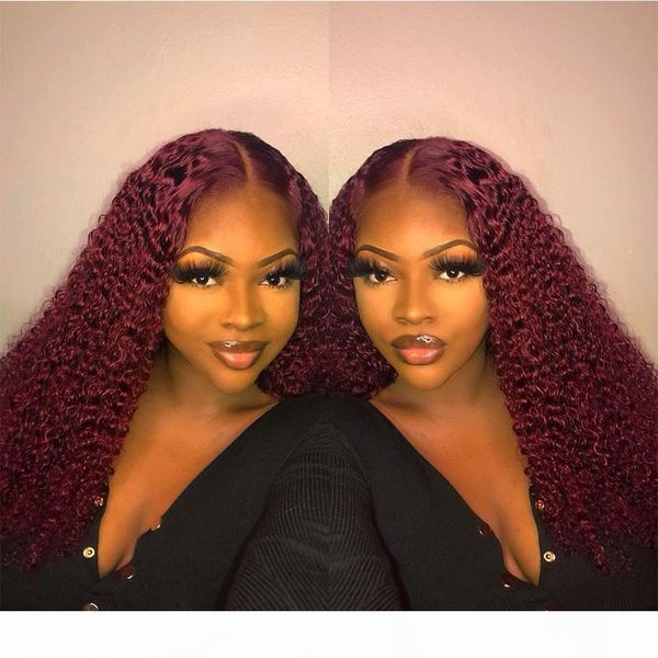 

burgundy red завитые 360 lace фронтальная человеческих волос парик для чернокожих женщин длинные preplucked цветные парики фронта шнурка чел, Black