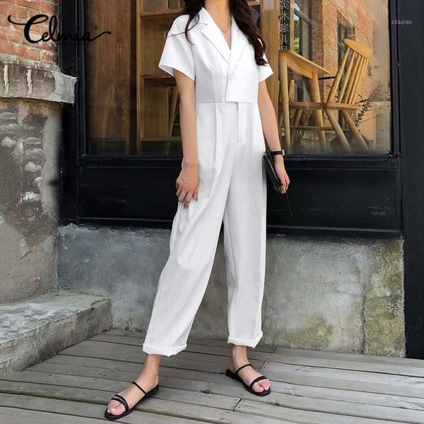 

women's jumpsuits & rompers womens celmia lapel short sleeve long casual elegant buttons pockets office overalls wide leg playsuit 5xl1, Black;white